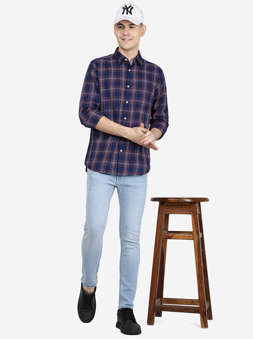 Navy Blue Checked Slim Fit Semi Casual Shirt | Pehervi