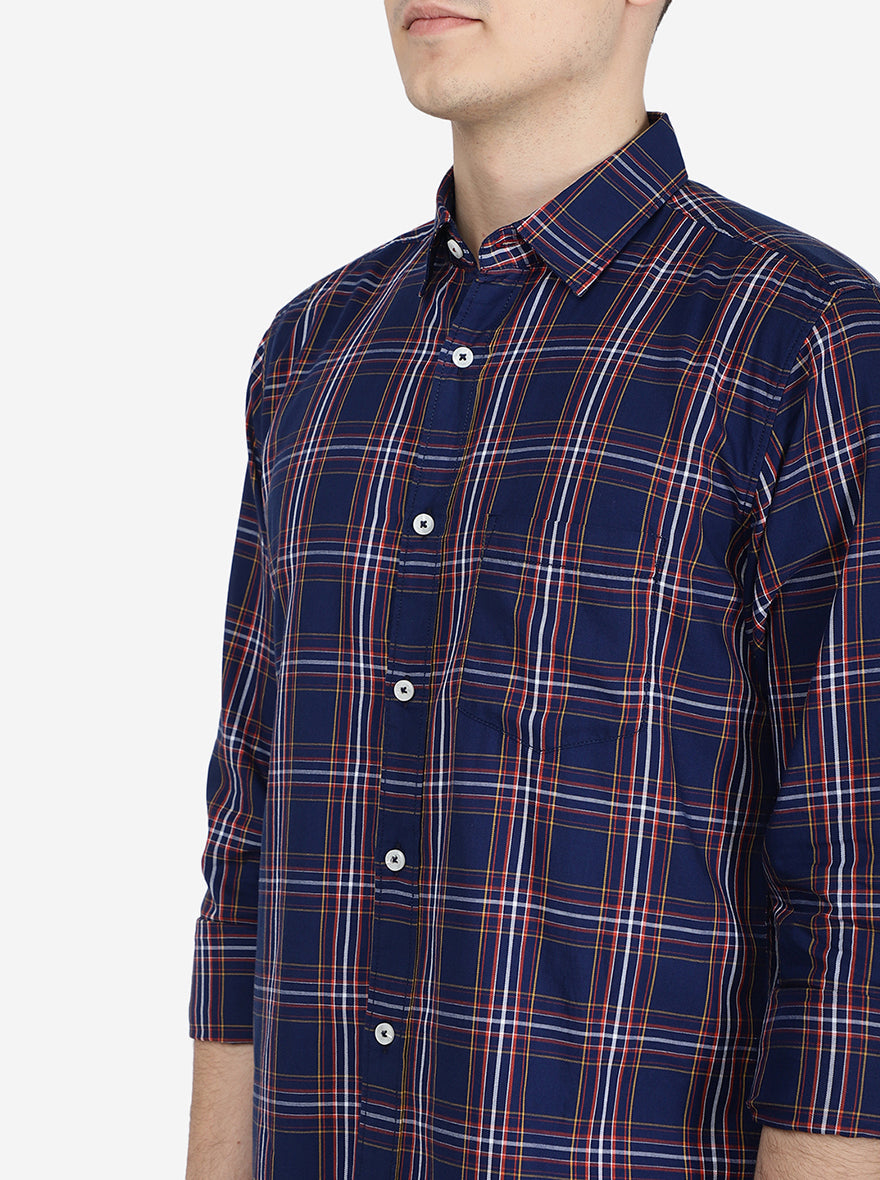 Navy Blue Checked Slim Fit Semi Casual Shirt | Pehervi