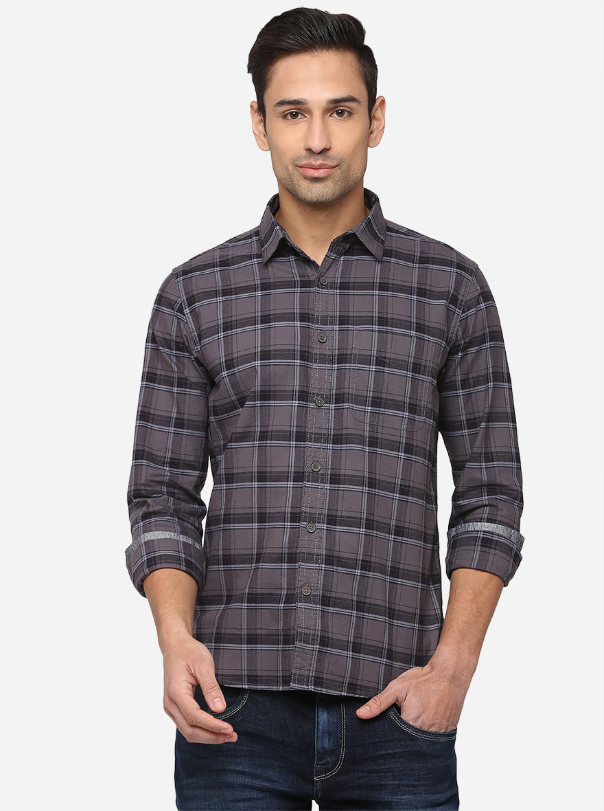 Steel Grey Checked Slim Fit Semi Casual Shirt | Pehervi