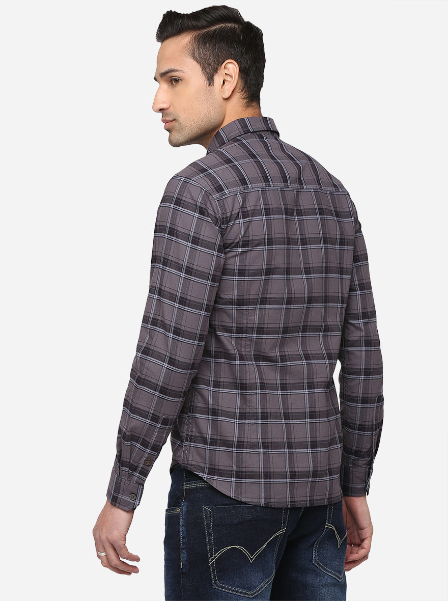 Steel Grey Checked Slim Fit Semi Casual Shirt | Pehervi