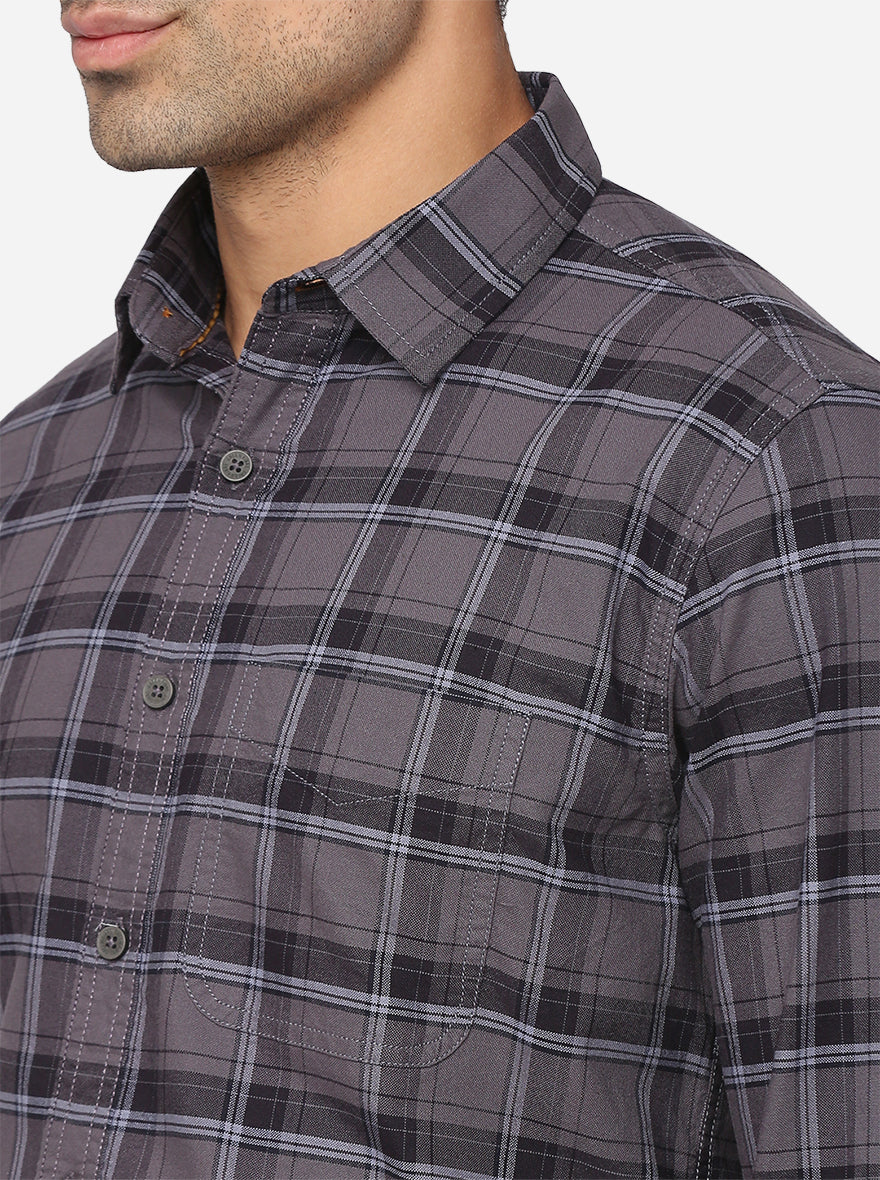 Steel Grey Checked Slim Fit Semi Casual Shirt | Pehervi