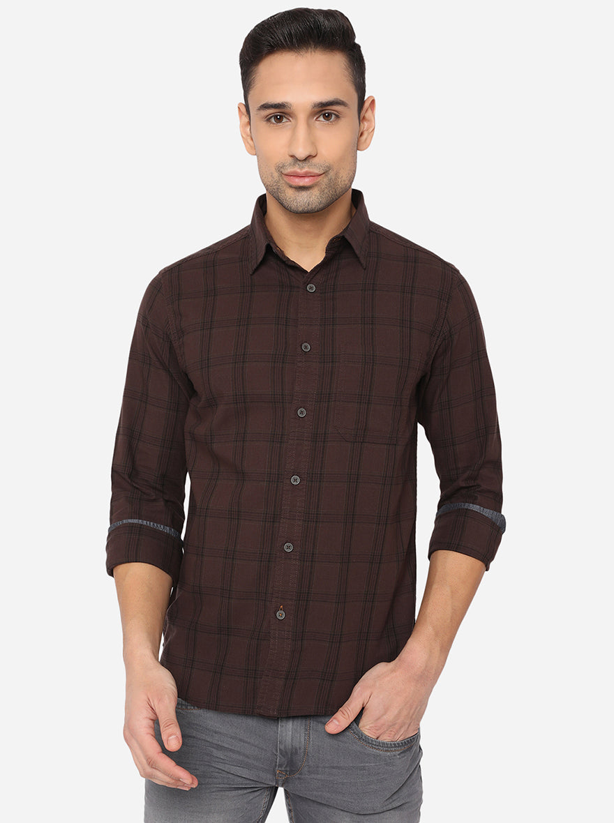Shale Brown Checked Slim Fit Semi Casual Shirt | Pehervi