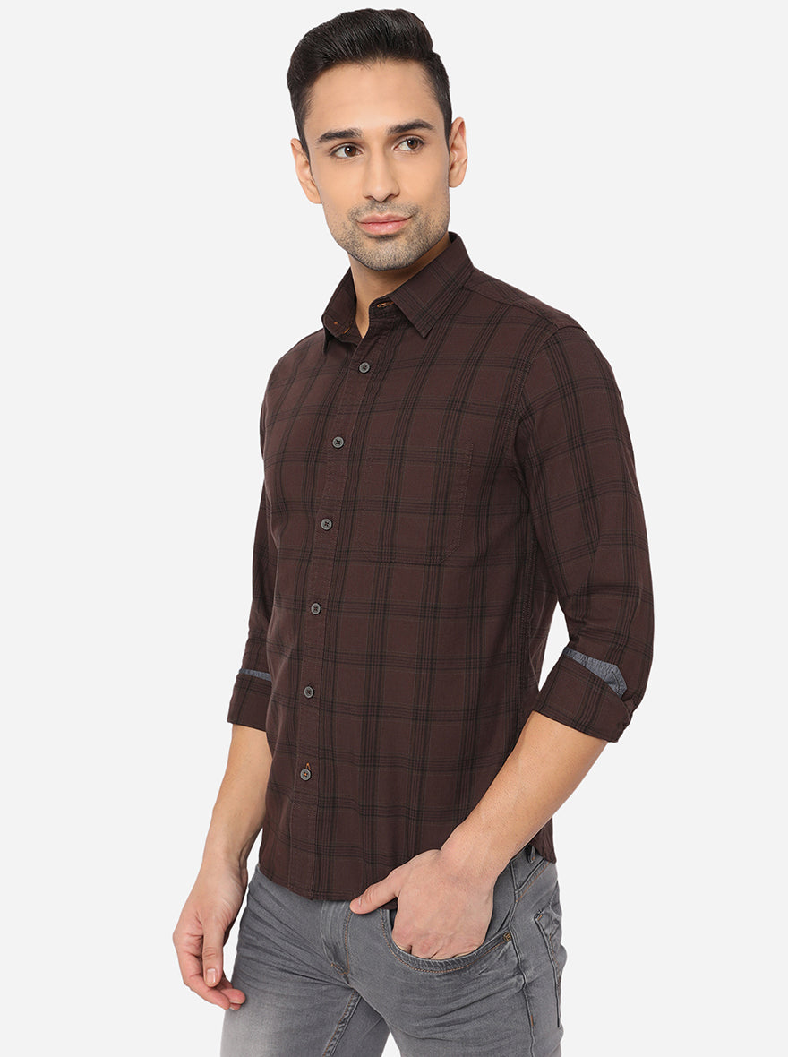 Shale Brown Checked Slim Fit Semi Casual Shirt | Pehervi