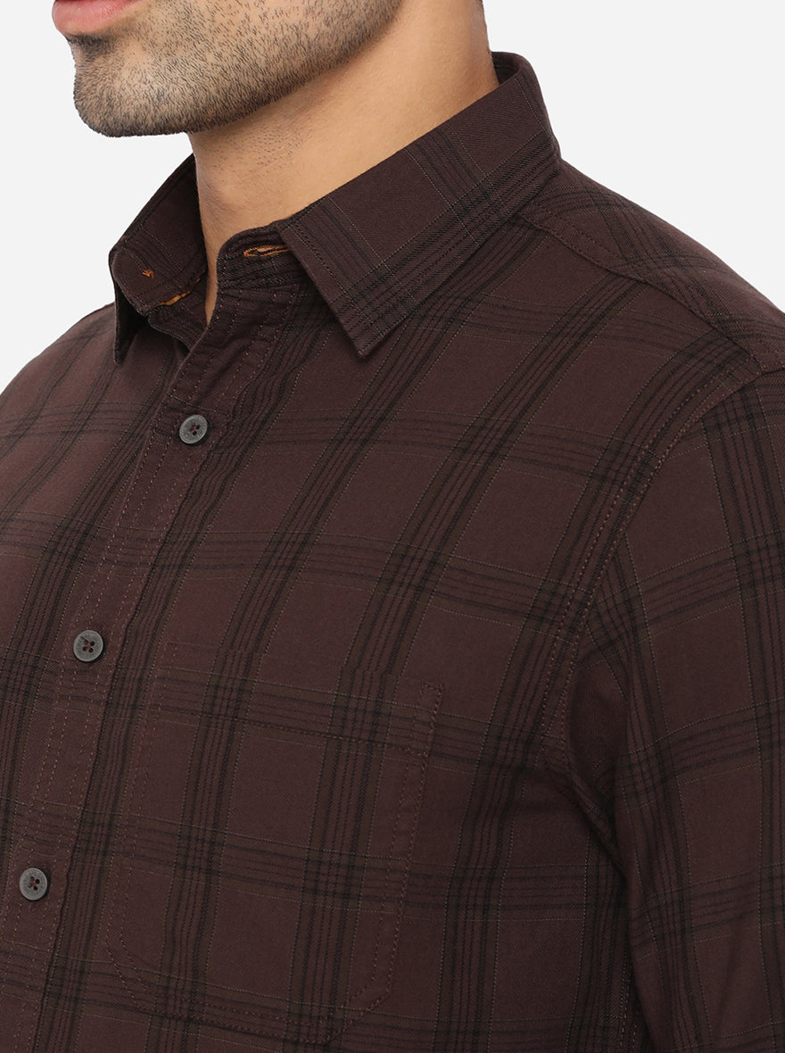 Shale Brown Checked Slim Fit Semi Casual Shirt | Pehervi