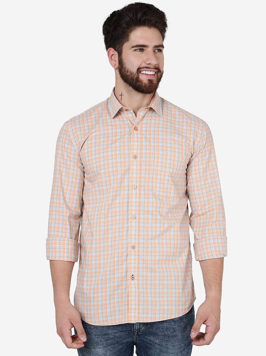 Peach Checked Slim Fit Semi Casual Shirt | Pehervi