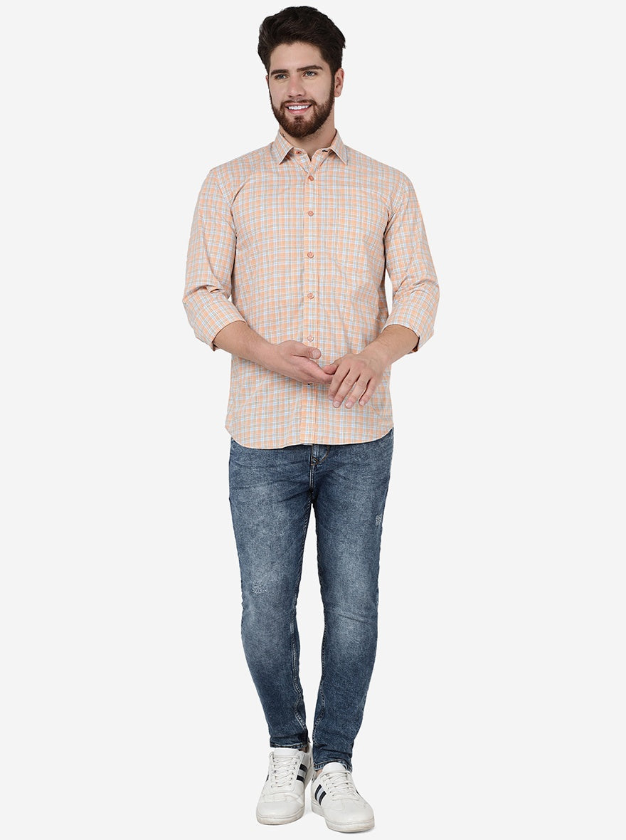Peach Checked Slim Fit Semi Casual Shirt | Pehervi