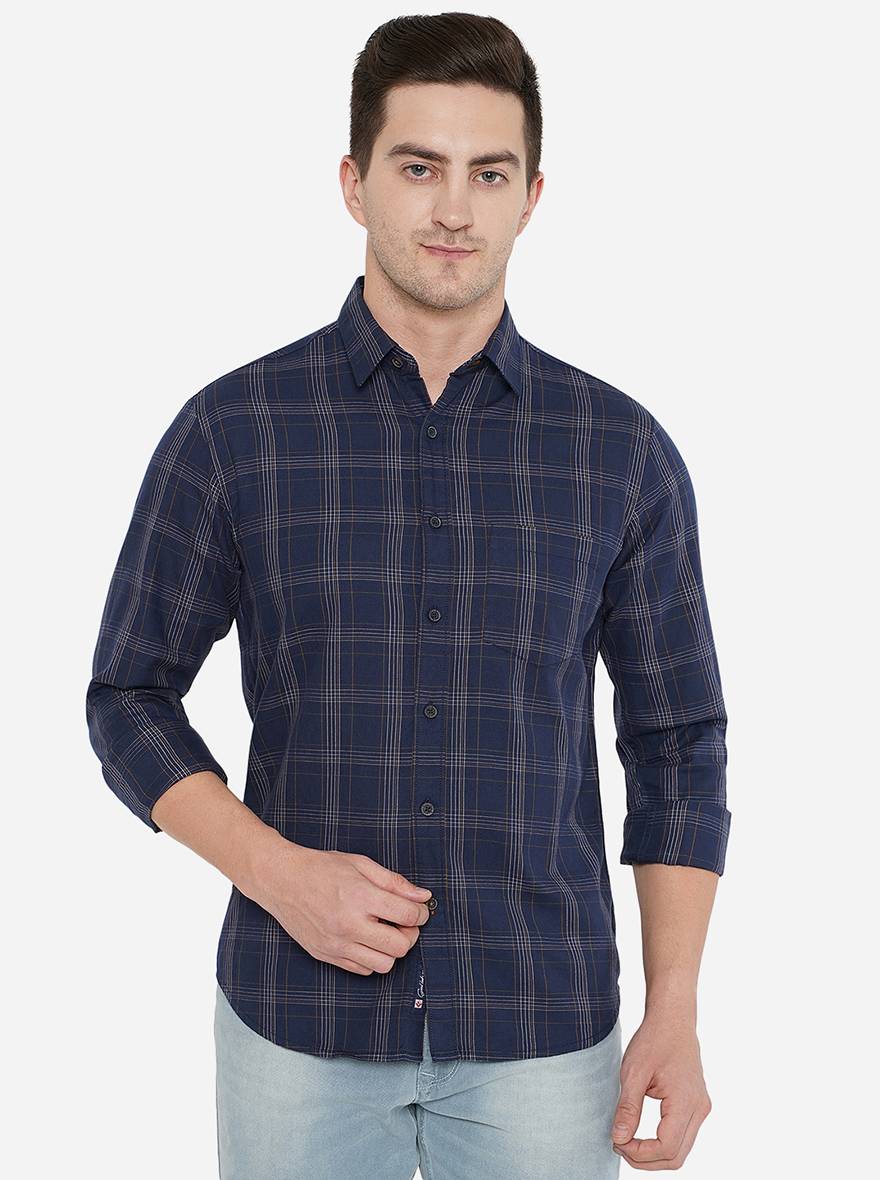Navy Blue Checked Slim Fit Semi Casual Shirt | Pehervi