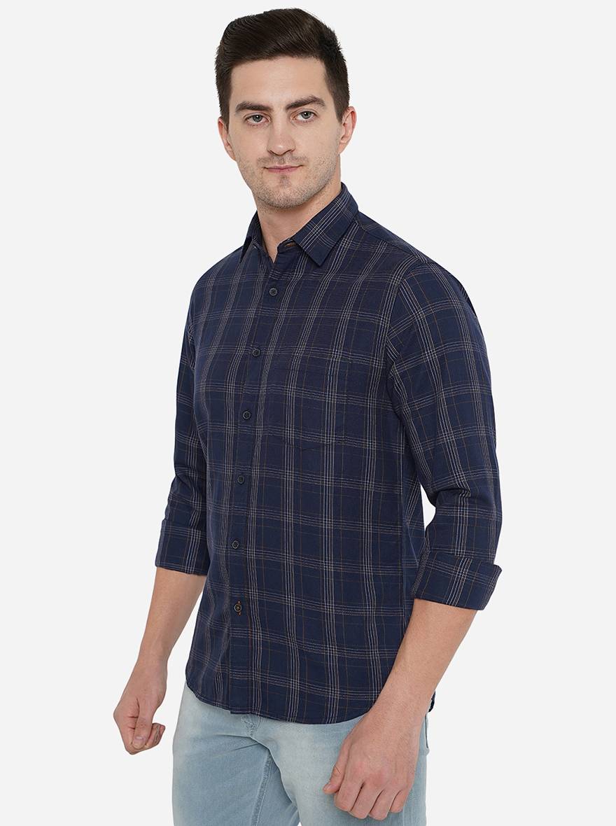 Navy Blue Checked Slim Fit Semi Casual Shirt | Pehervi