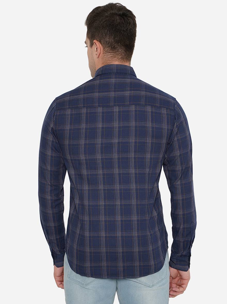 Navy Blue Checked Slim Fit Semi Casual Shirt | Pehervi