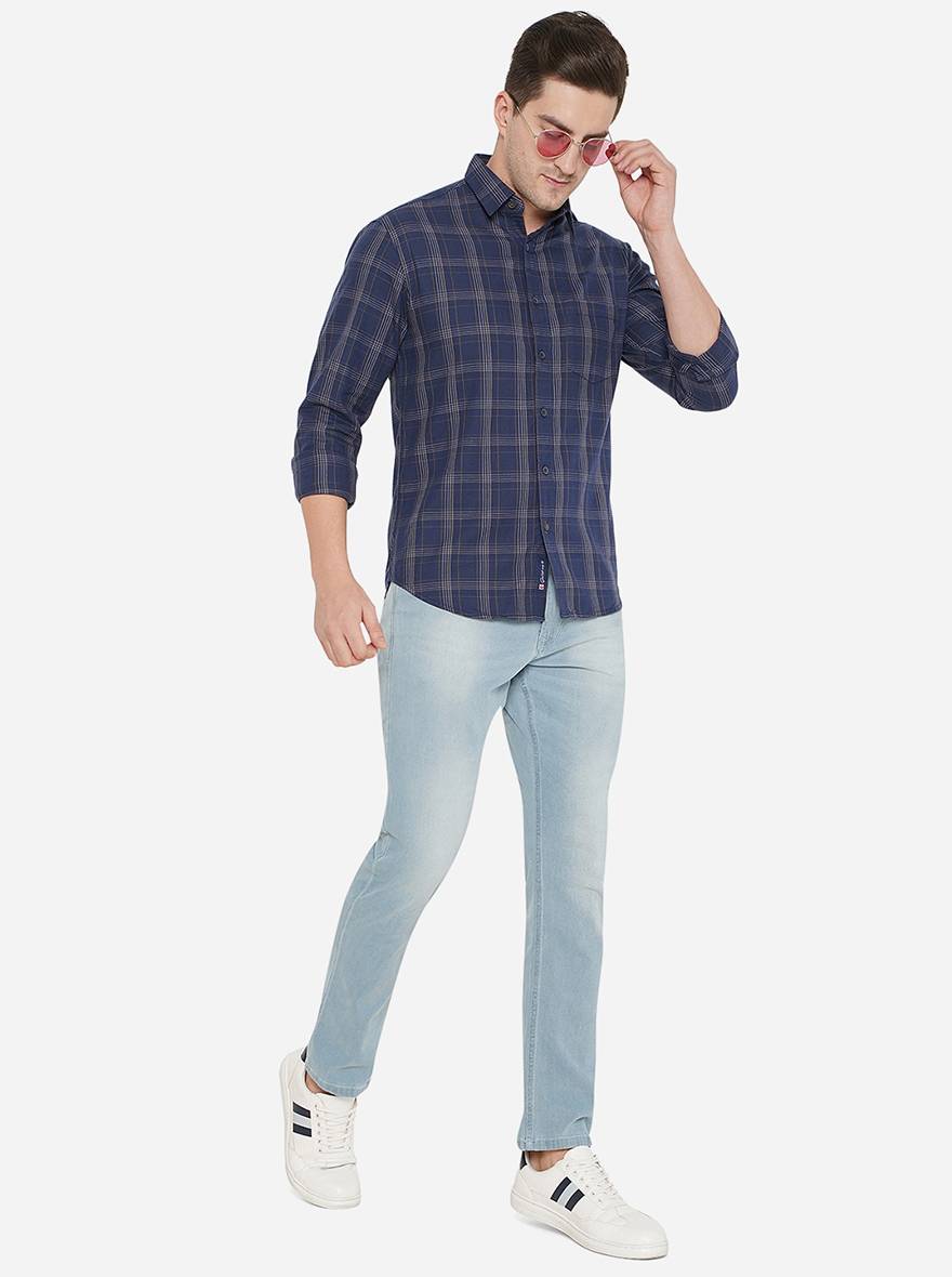 Navy Blue Checked Slim Fit Semi Casual Shirt | Pehervi