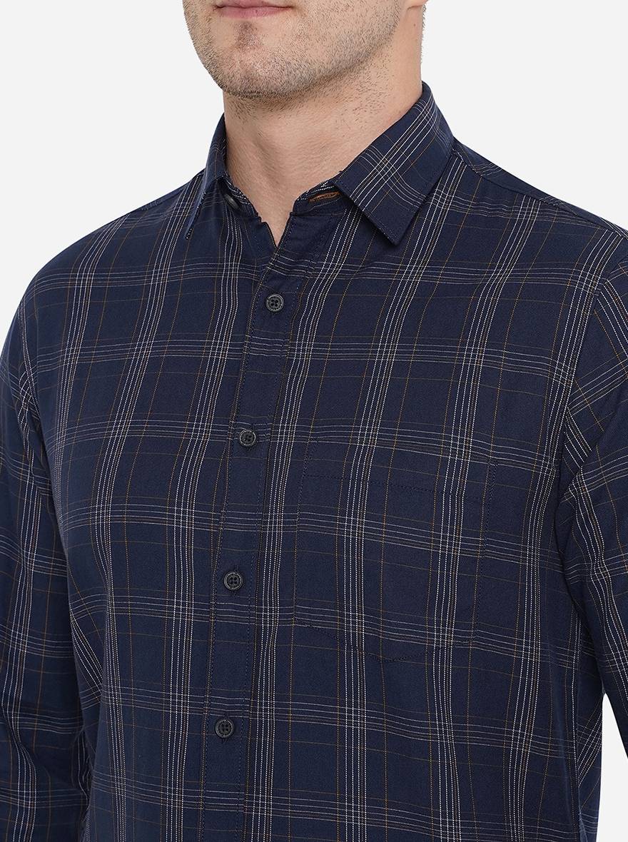 Navy Blue Checked Slim Fit Semi Casual Shirt | Pehervi