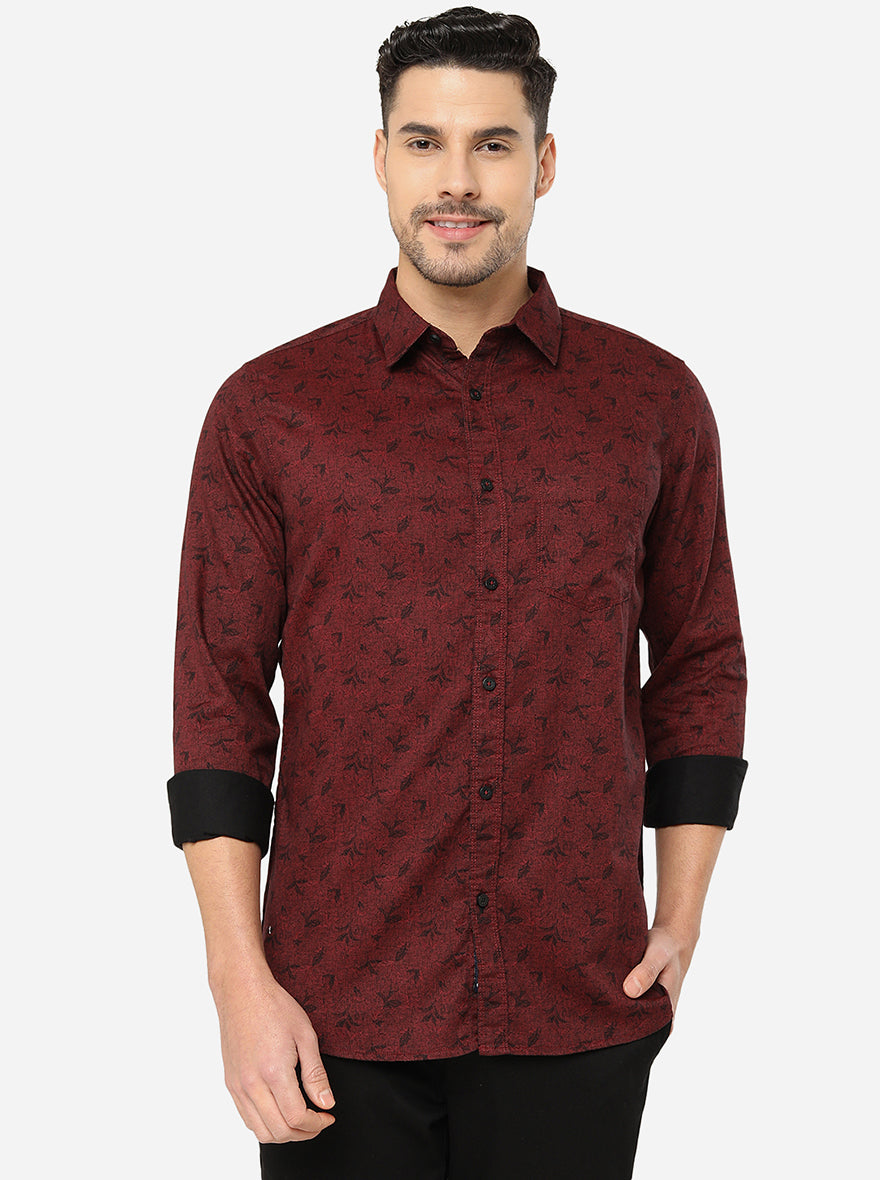 Maroon Printed Slim Fit Semi Casual Shirt | Pehervi