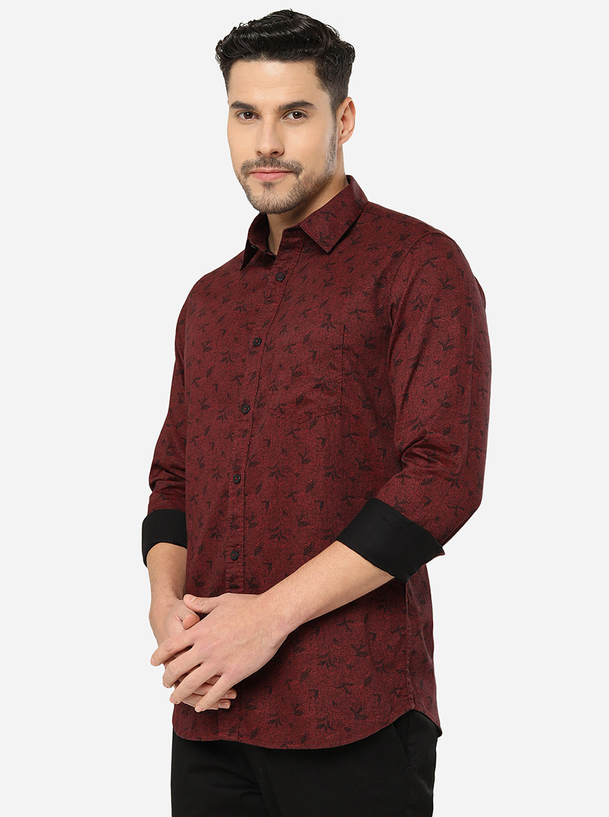 Maroon Printed Slim Fit Semi Casual Shirt | Pehervi