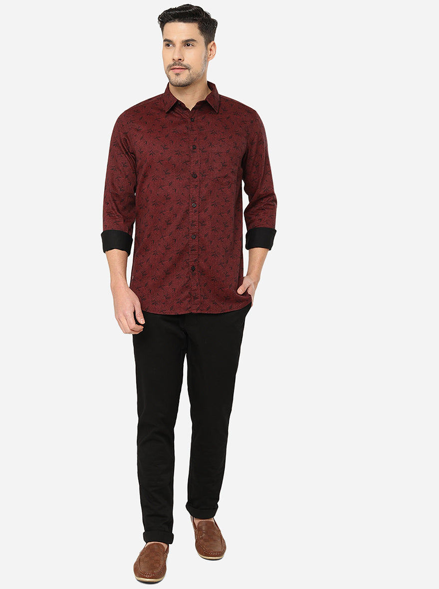 Maroon Printed Slim Fit Semi Casual Shirt | Pehervi
