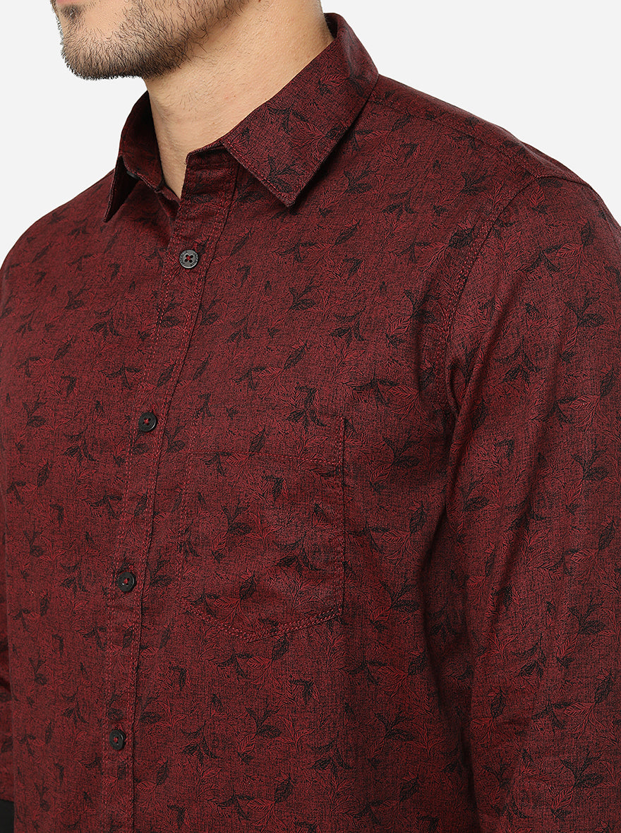 Maroon Printed Slim Fit Semi Casual Shirt | Pehervi