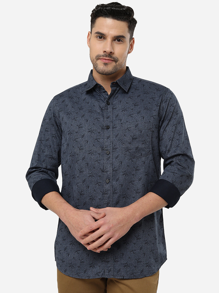 Ice Blue Printed Slim Fit Semi Casual Shirt | Pehervi