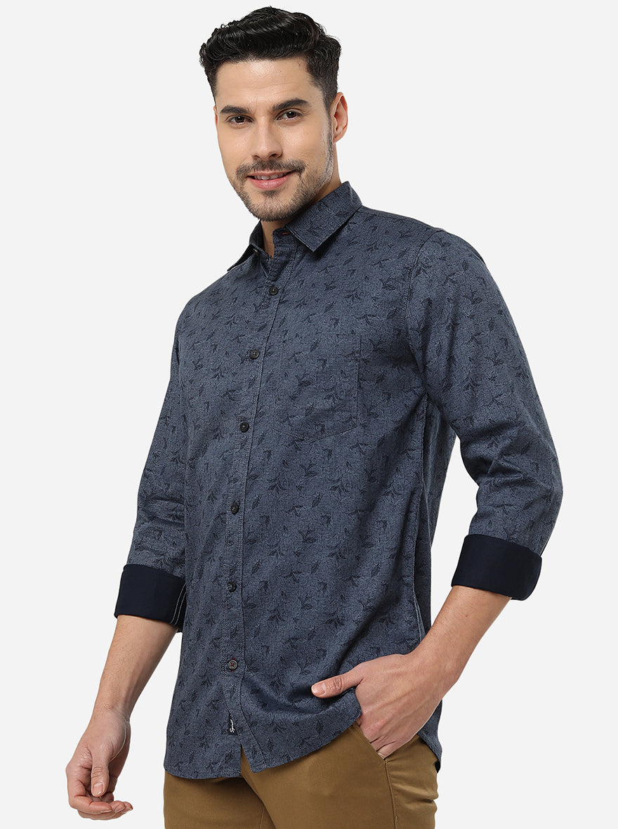 Ice Blue Printed Slim Fit Semi Casual Shirt | Pehervi