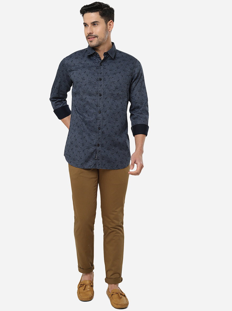 Ice Blue Printed Slim Fit Semi Casual Shirt | Pehervi