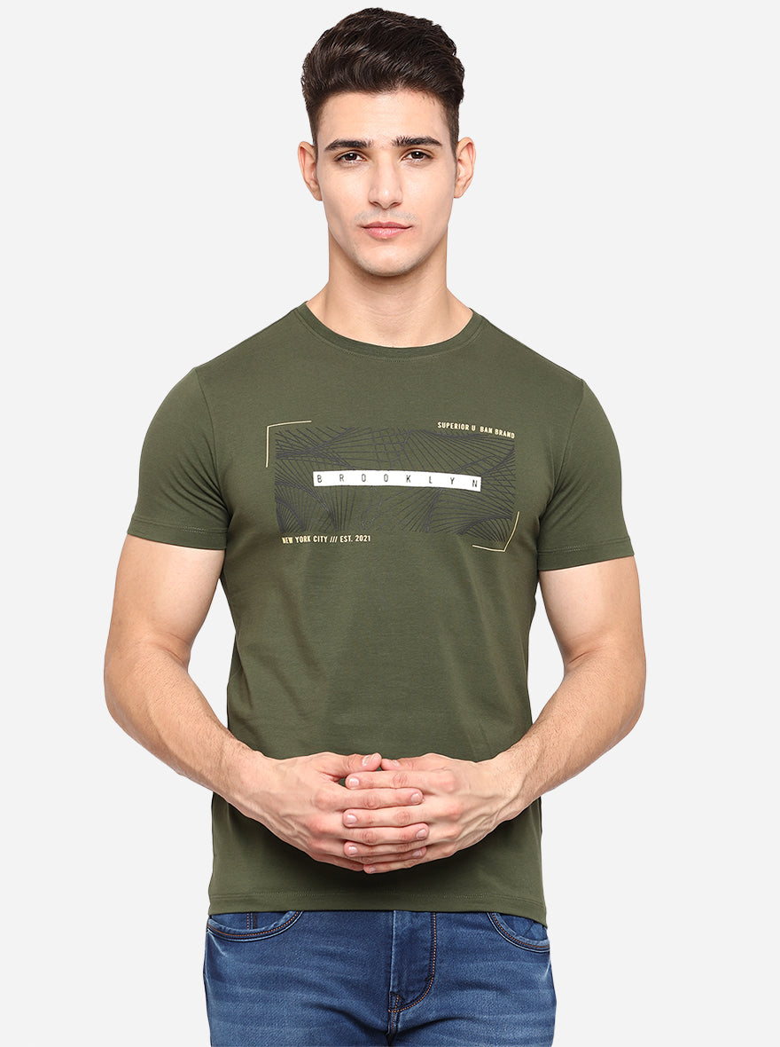 Olive Green Printed Slim Fit T-Shirt | pehervi