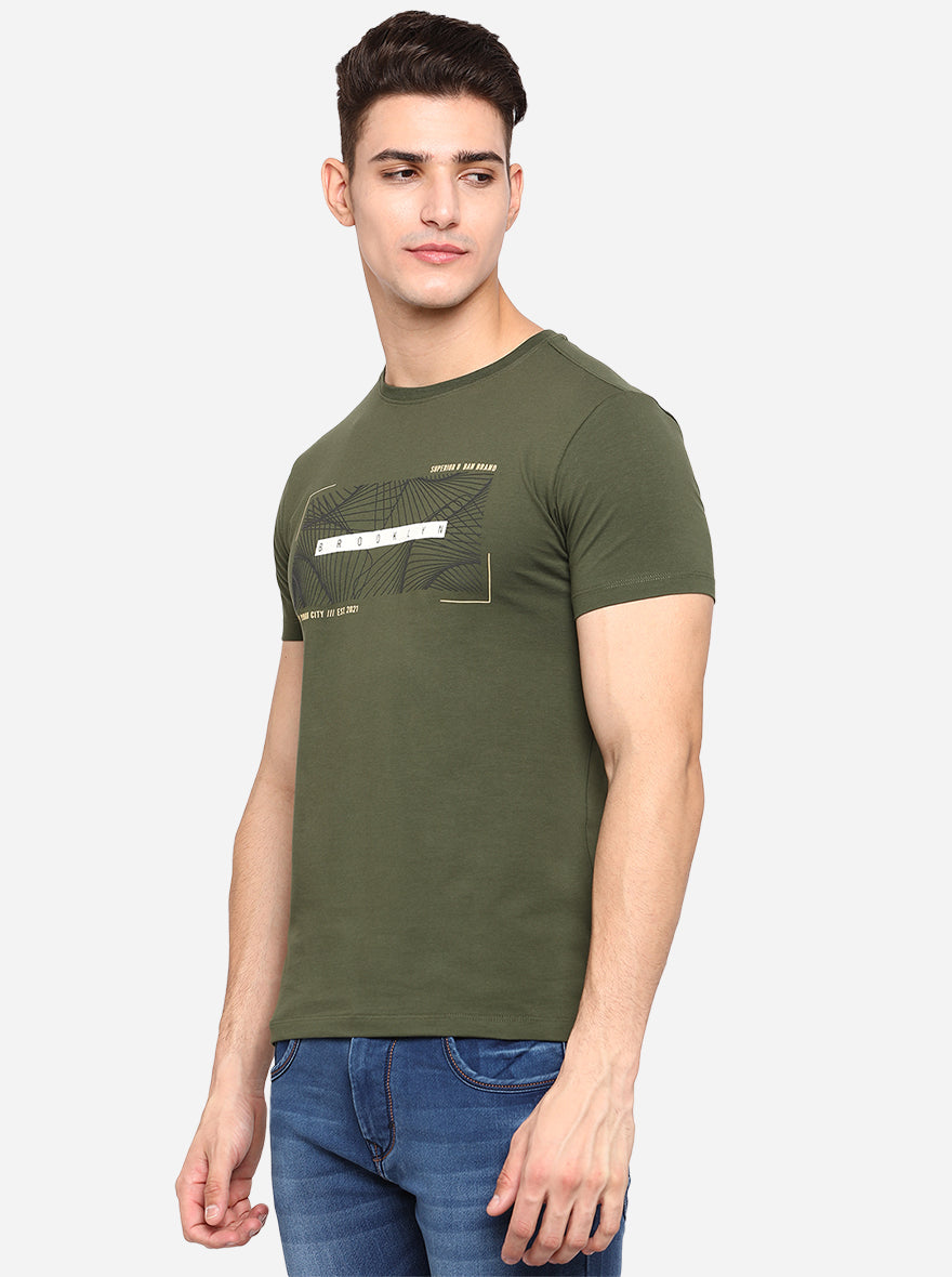 Olive Green Printed Slim Fit T-Shirt | pehervi