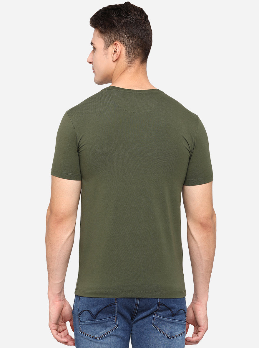Olive Green Printed Slim Fit T-Shirt | pehervi