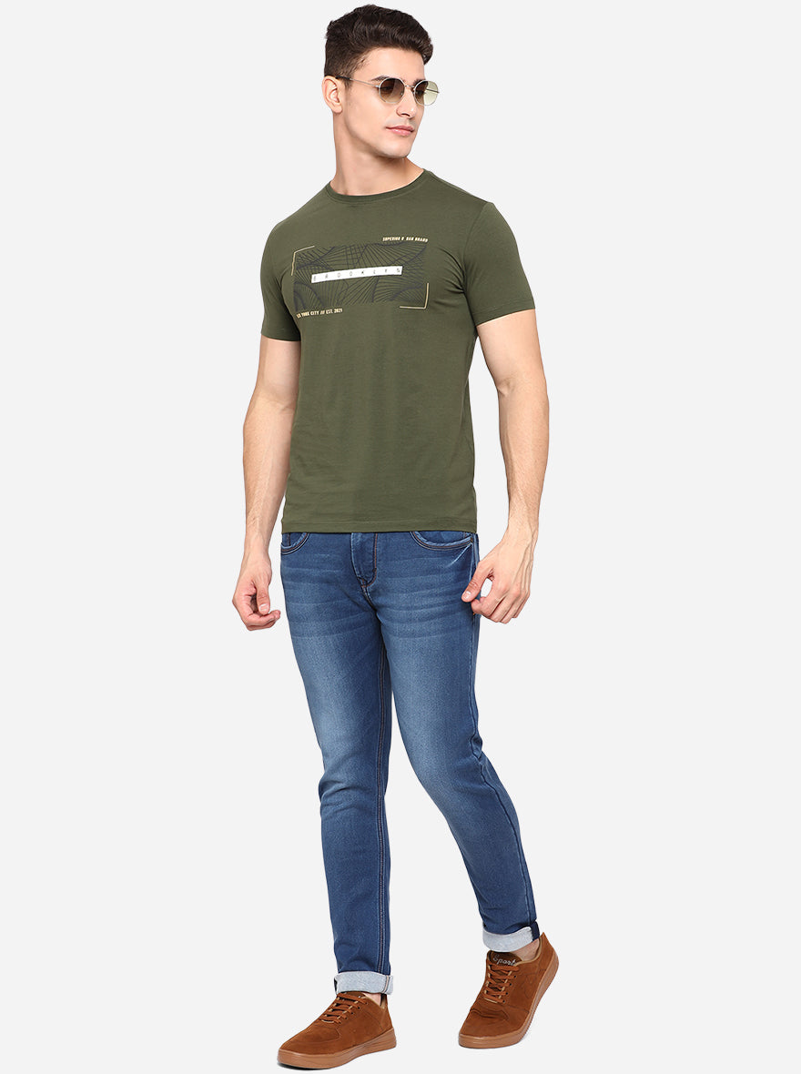 Olive Green Printed Slim Fit T-Shirt | pehervi