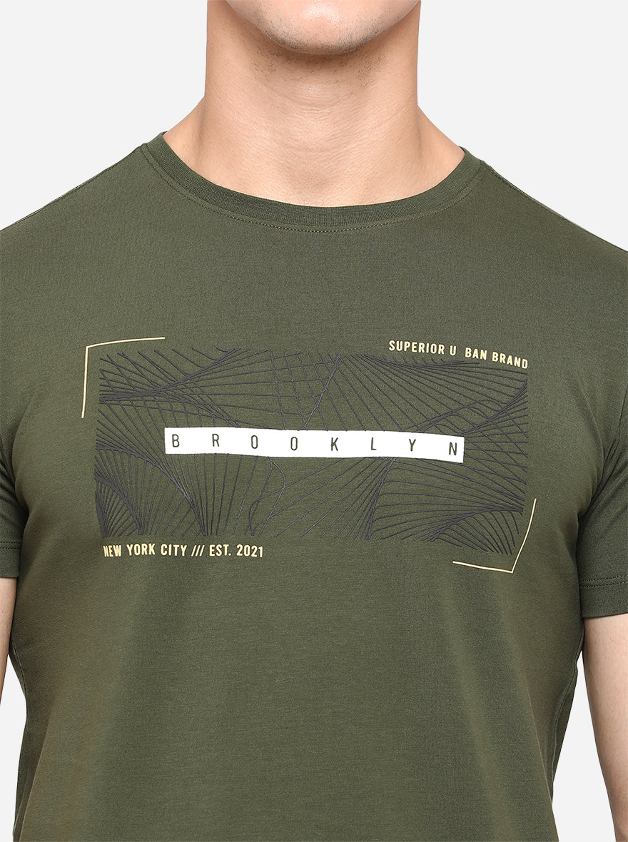 Olive Green Printed Slim Fit T-Shirt | pehervi