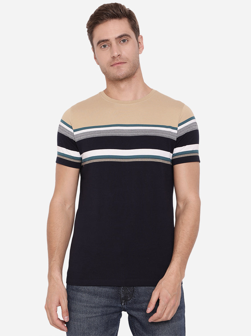 Khaki & Blue Striped Slim Fit T-Shirt | pehervi