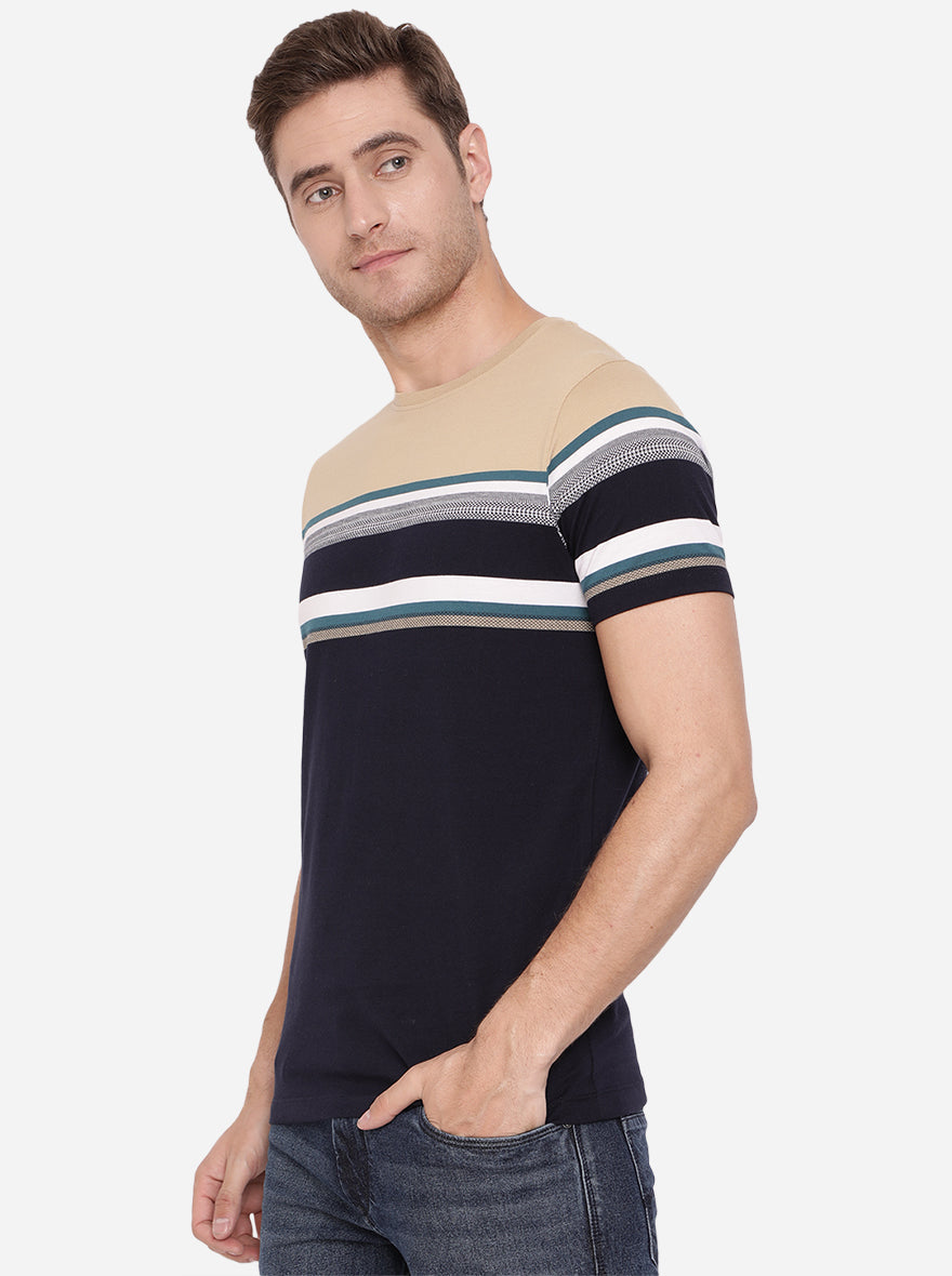 Khaki & Blue Striped Slim Fit T-Shirt | pehervi