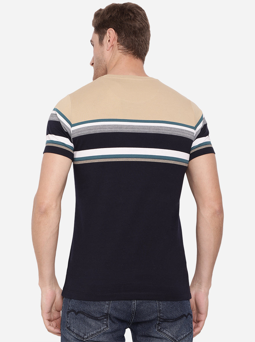 Khaki & Blue Striped Slim Fit T-Shirt | pehervi