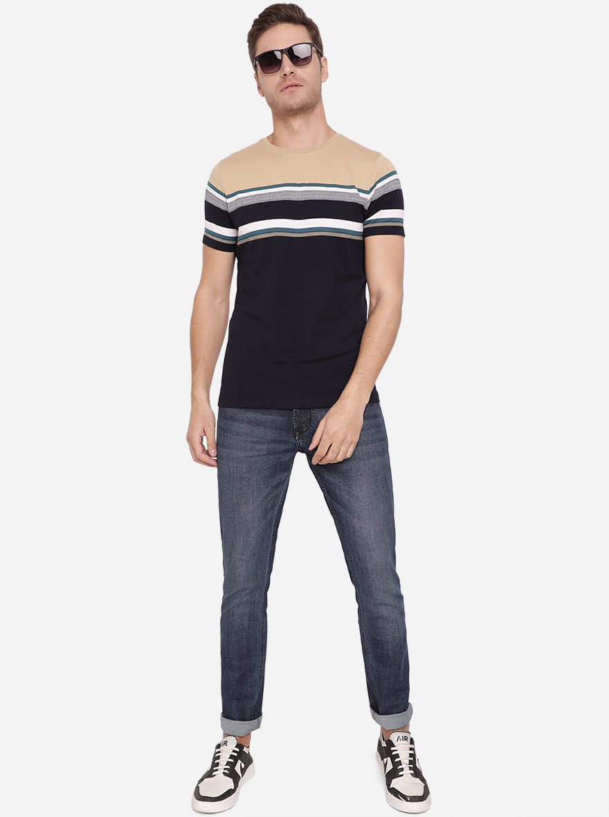Khaki & Blue Striped Slim Fit T-Shirt | pehervi