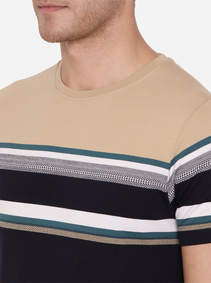 Khaki & Blue Striped Slim Fit T-Shirt | pehervi