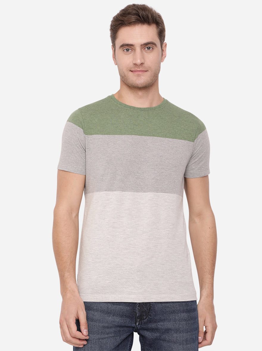 Forest Green & Grey Striped Slim Fit T-Shirt | pehervi