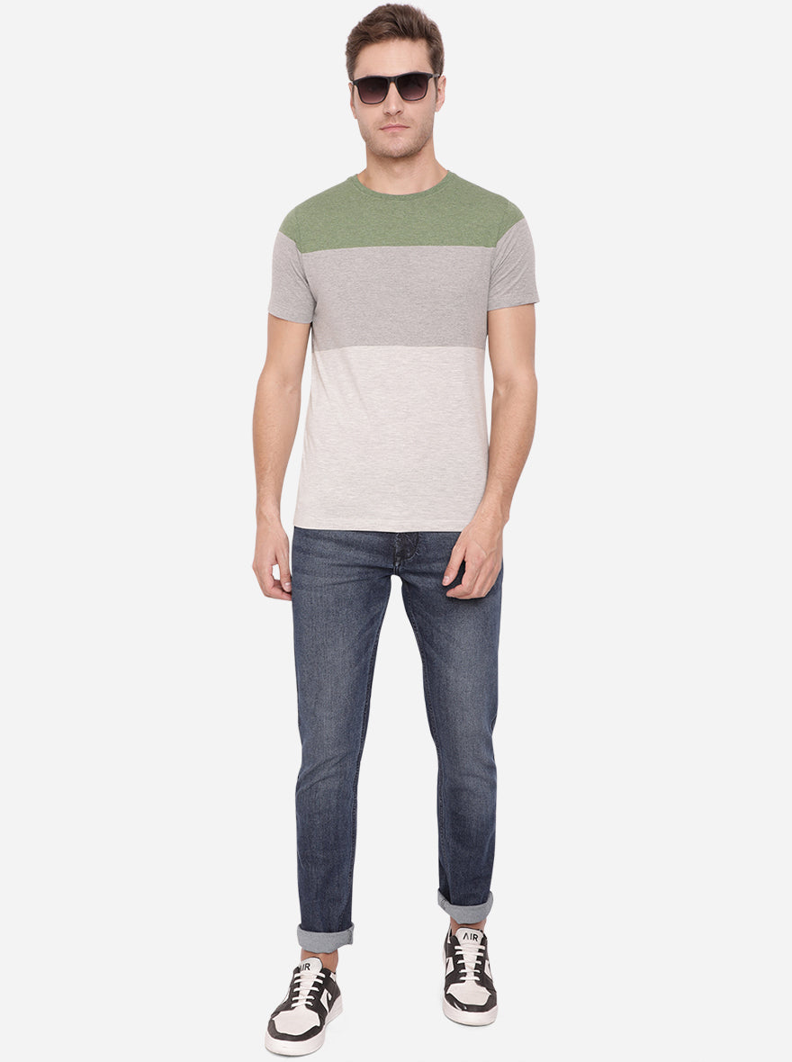Forest Green & Grey Striped Slim Fit T-Shirt | pehervi