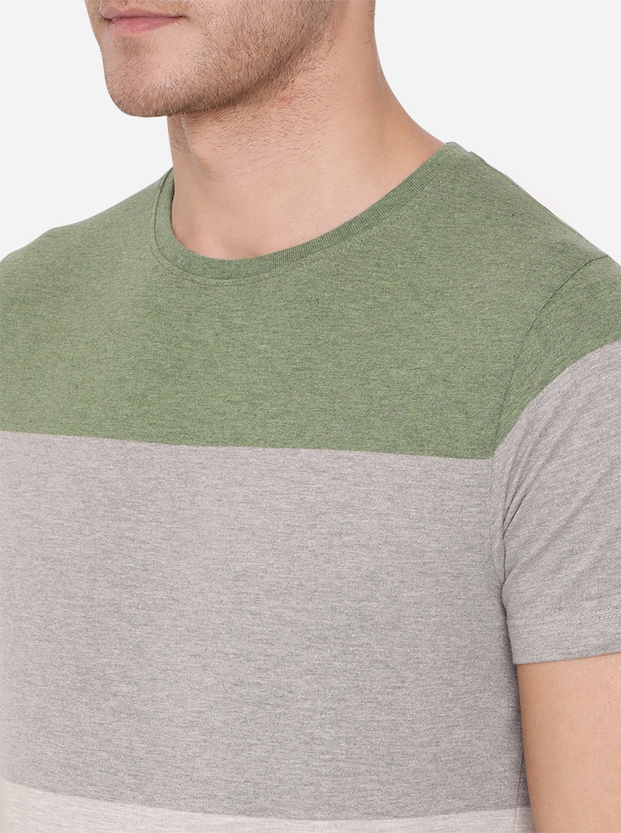 Forest Green & Grey Striped Slim Fit T-Shirt | pehervi