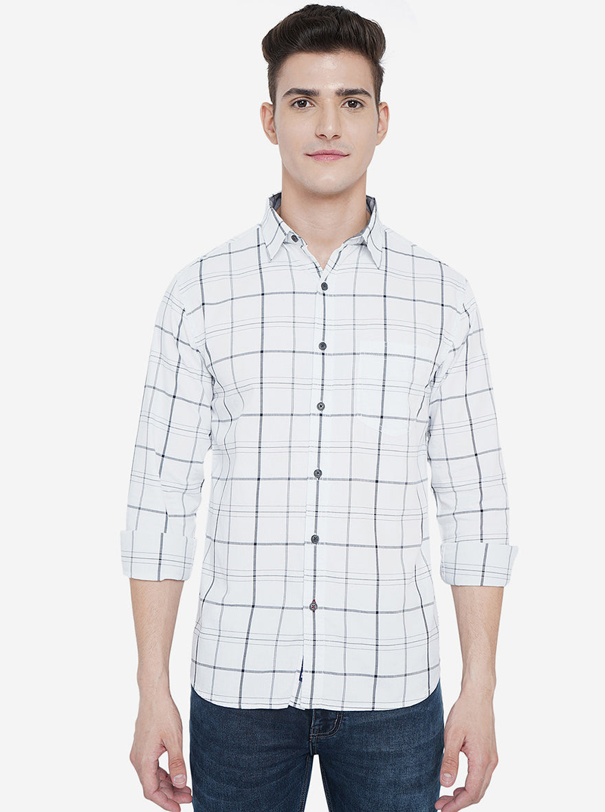 Bright White Checked Slim Fit Semi Casual Shirt | Pehervi