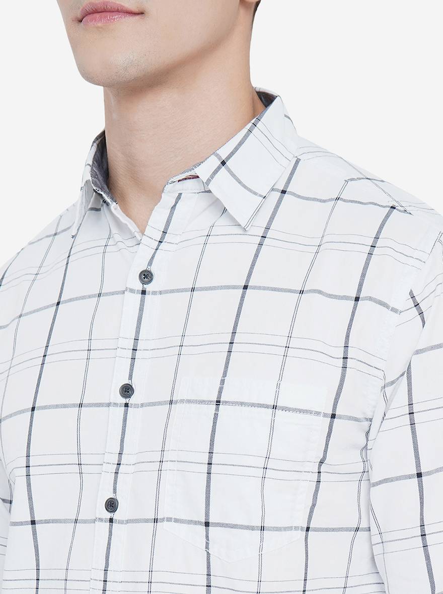 Bright White Checked Slim Fit Semi Casual Shirt | Pehervi