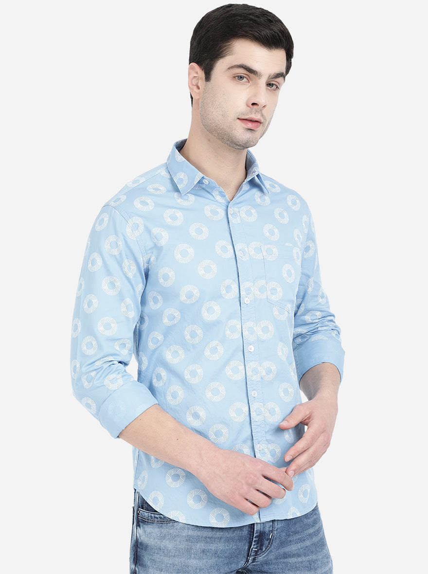 Light Blue Printed Slim Fit Semi Casual Shirt | Pehervi