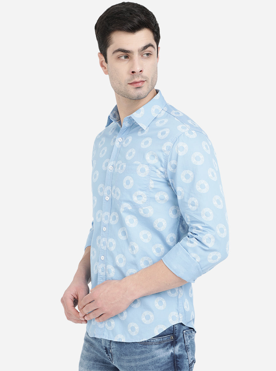 Light Blue Printed Slim Fit Semi Casual Shirt | Pehervi