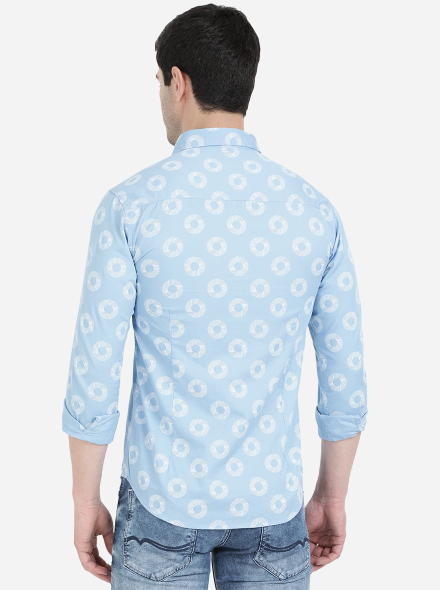 Light Blue Printed Slim Fit Semi Casual Shirt | Pehervi