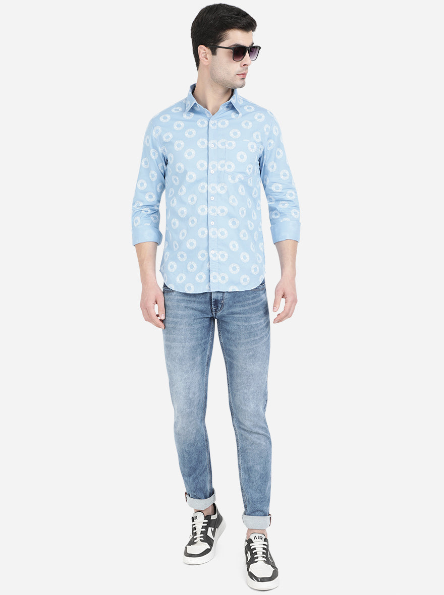 Light Blue Printed Slim Fit Semi Casual Shirt | Pehervi