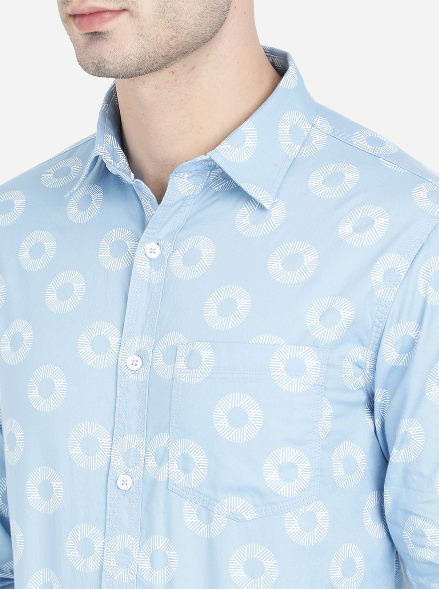 Light Blue Printed Slim Fit Semi Casual Shirt | Pehervi
