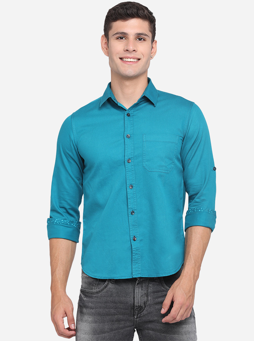 Ocean Blue Solid Slim Fit Semi Casual Shirt | Pehervi