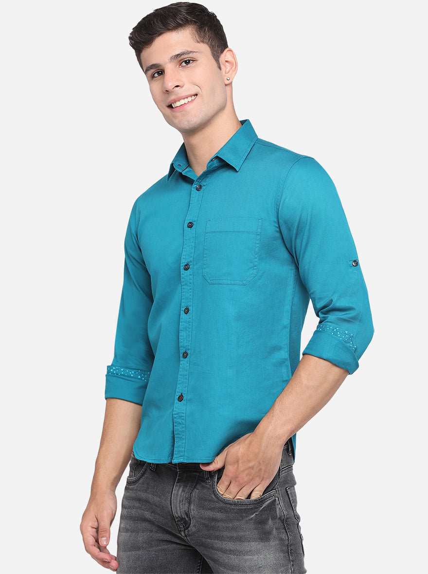 Ocean Blue Solid Slim Fit Semi Casual Shirt | Pehervi