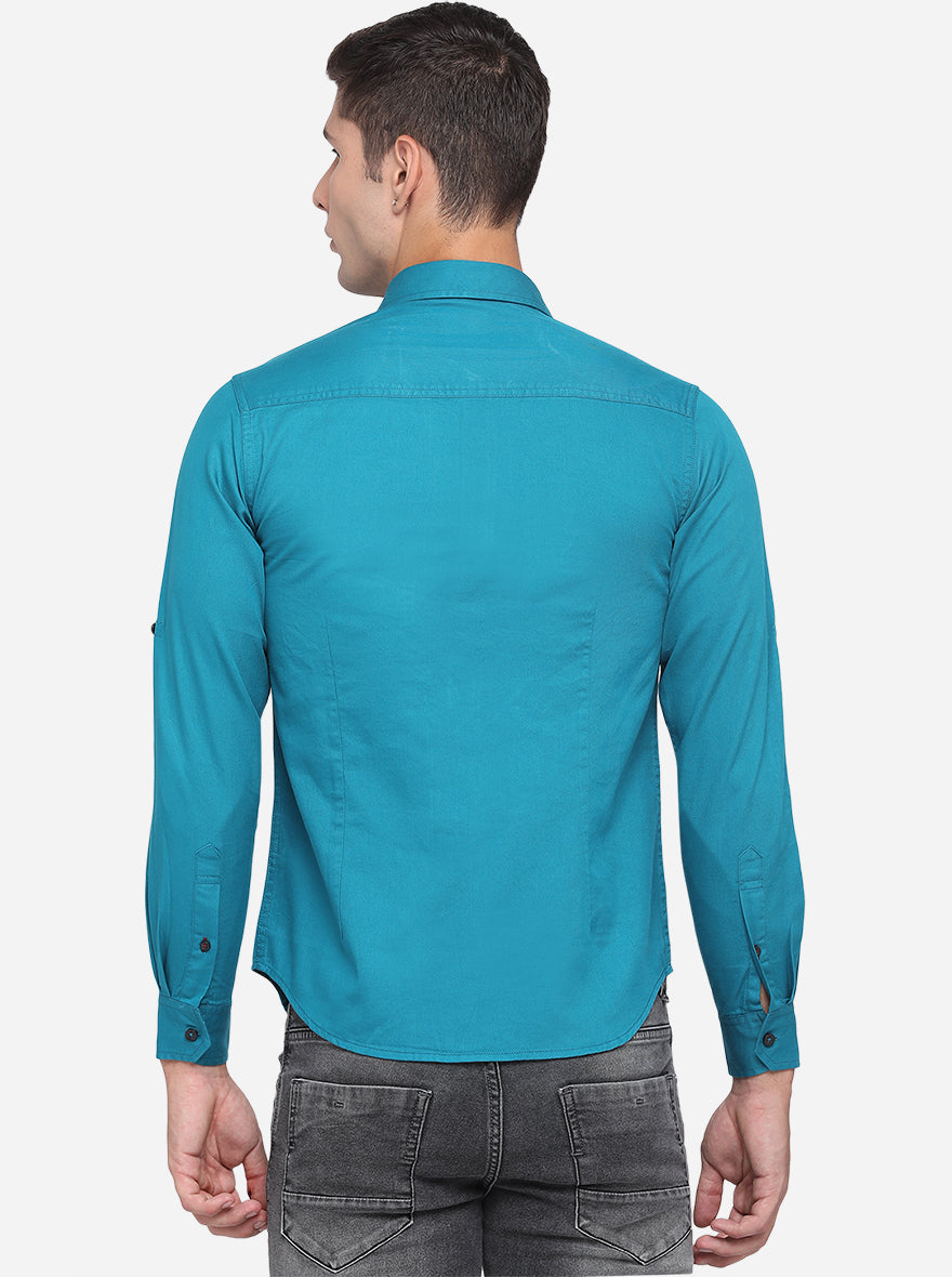 Ocean Blue Solid Slim Fit Semi Casual Shirt | Pehervi