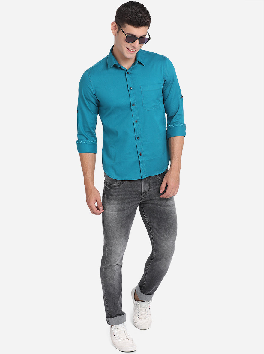 Ocean Blue Solid Slim Fit Semi Casual Shirt | Pehervi