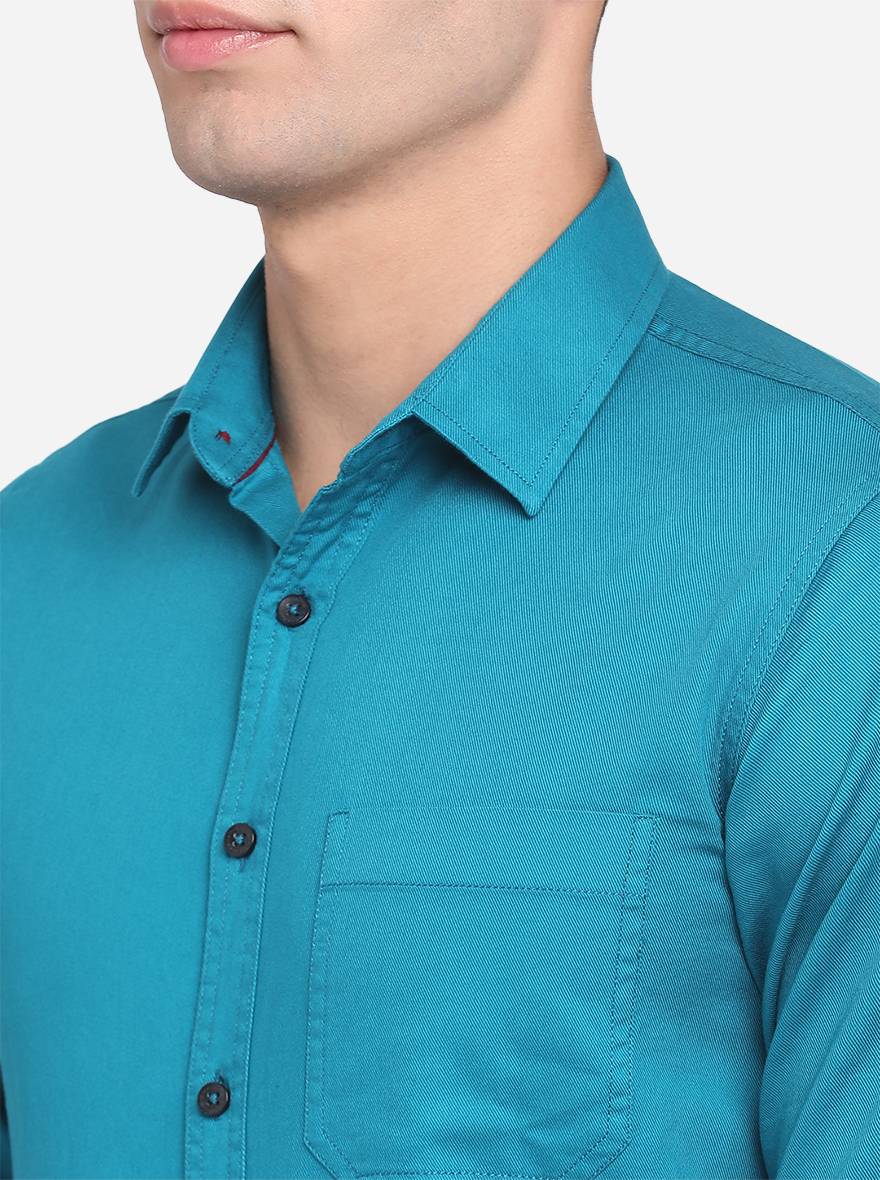 Ocean Blue Solid Slim Fit Semi Casual Shirt | Pehervi