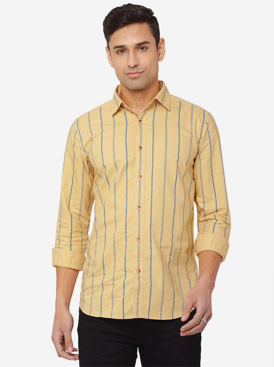 Pan Beige Striped Slim Fit Semi Casual Shirt | Pehervi