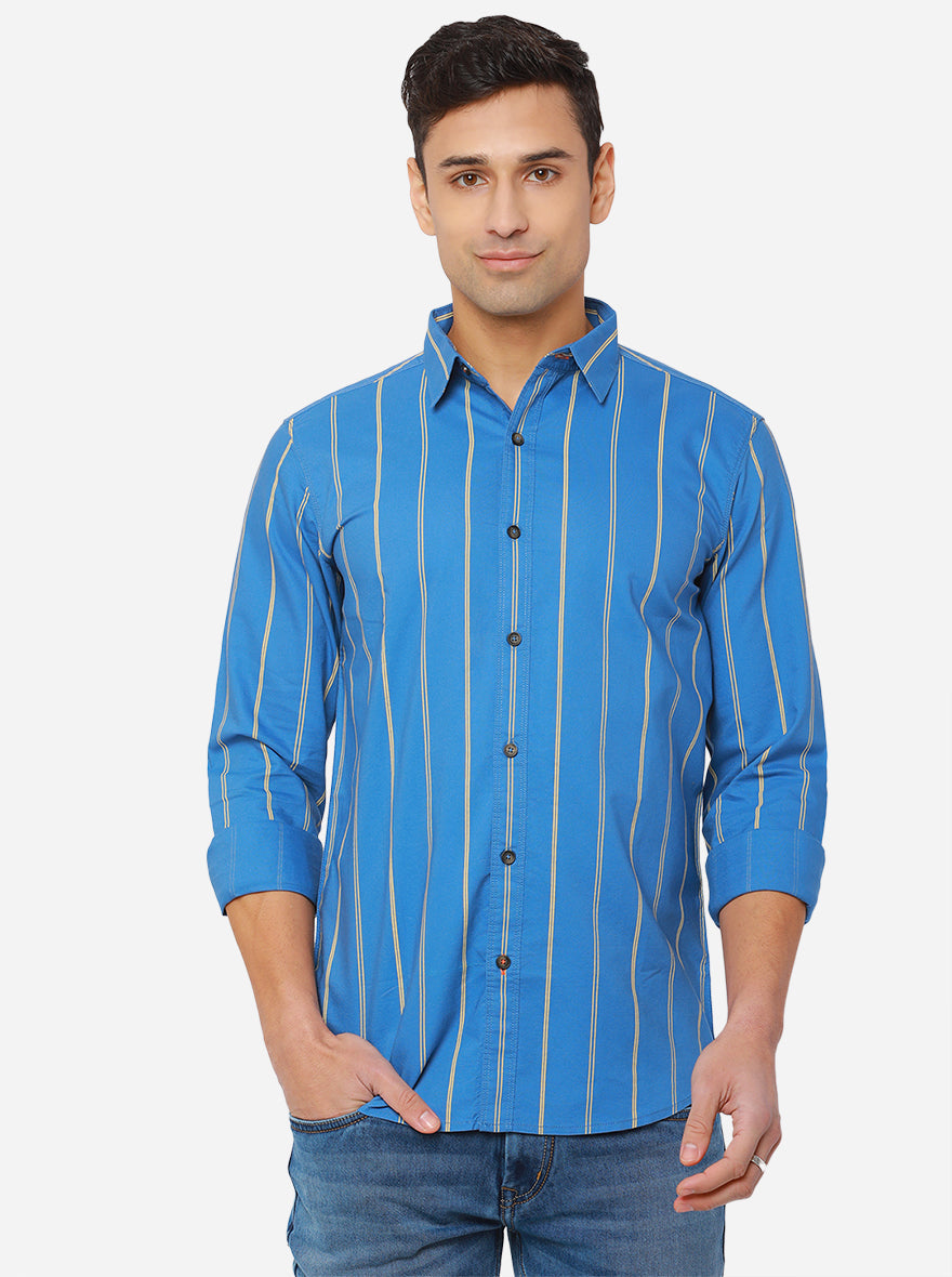 Turquoise Blue Striped Slim Fit Semi Casual Shirt | Pehervi