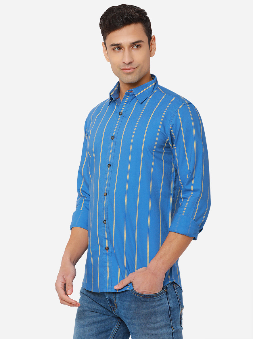 Turquoise Blue Striped Slim Fit Semi Casual Shirt | Pehervi